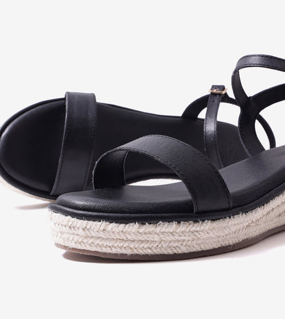 Minimal Two-Strap Platform Espadrille Wedges - Black