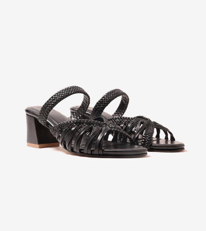 Woven Crossover Block Heel - Black