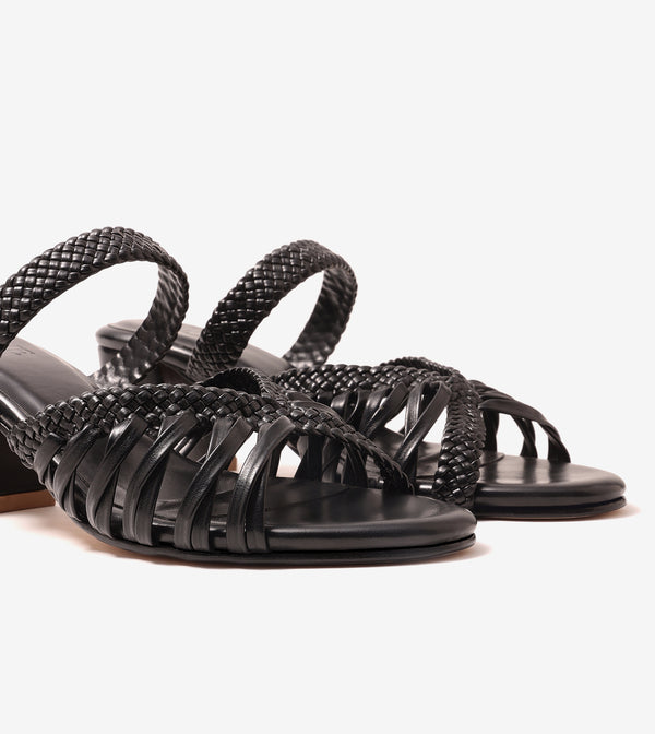 Woven Crossover Block Heel - Black