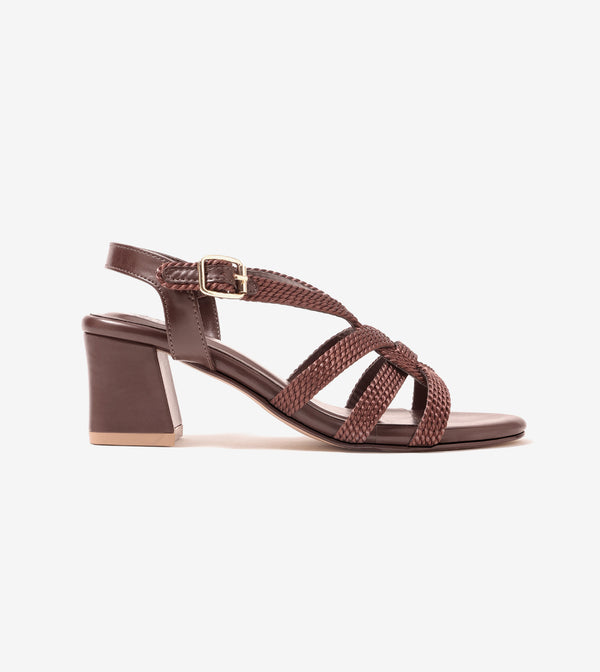Interwoven Strap Block Heel Sandals - Brown
