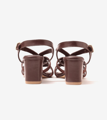 Interwoven Strap Block Heel Sandals - Brown