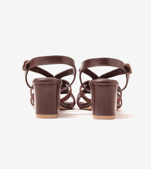 Interwoven Strap Block Heel Sandals - Brown