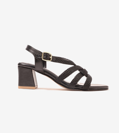 Interwoven Strap Block Heel Sandals - Black