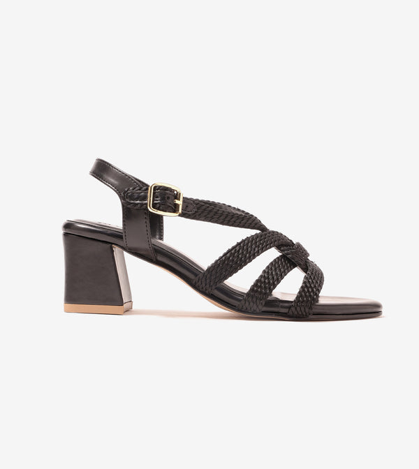 Interwoven Strap Block Heel Sandals - Black