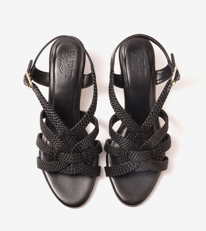 Interwoven Strap Block Heel Sandals - Black