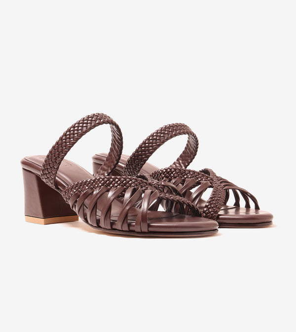 Woven Crossover Block Heel - Brown