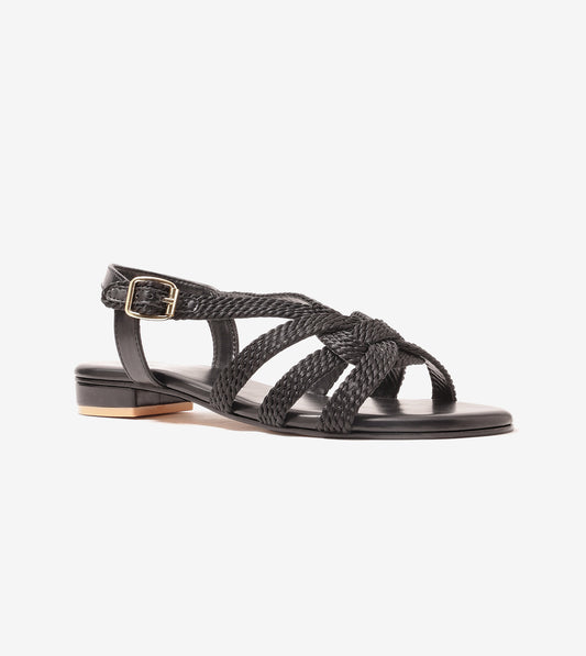 Entwined Woven Strap Flats Sandal - Black