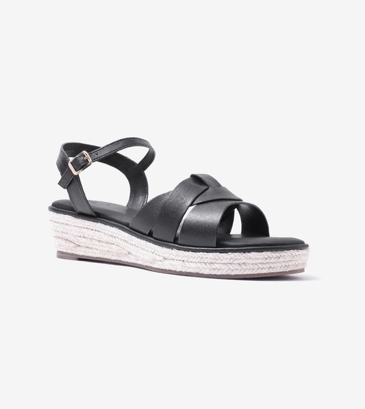Double-Band Slide Wedges Ankle Strap - Black