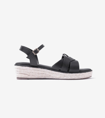 Double-Band Slide Wedges Ankle Strap - Black
