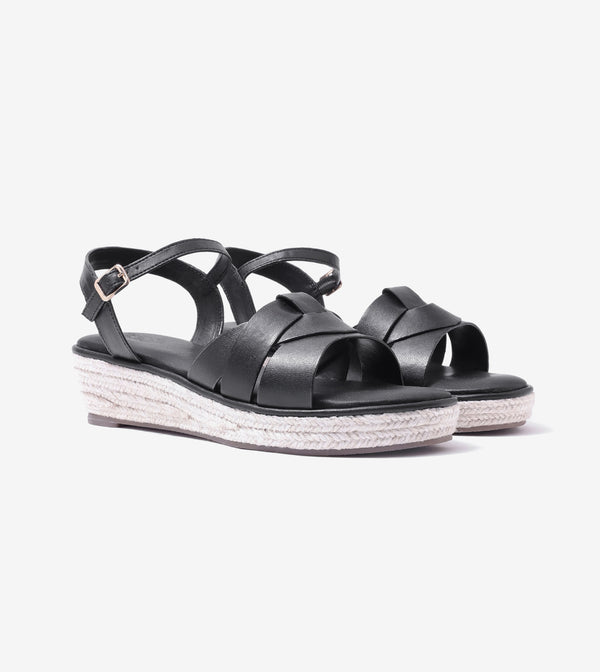 Double-Band Slide Wedges Ankle Strap - Black