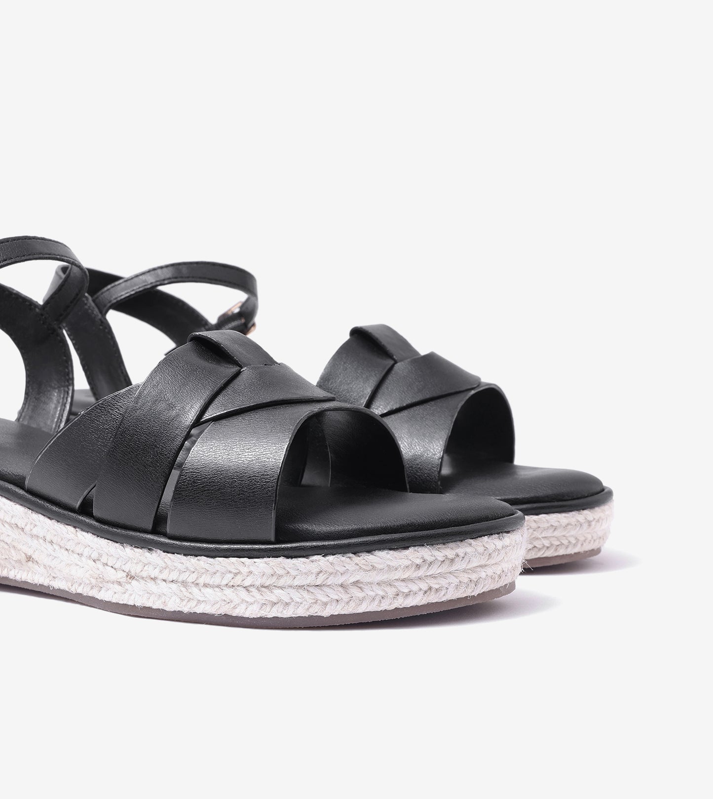 Double-Band Slide Wedges Ankle Strap - Black