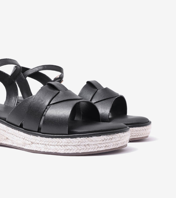 Double-Band Slide Wedges Ankle Strap - Black