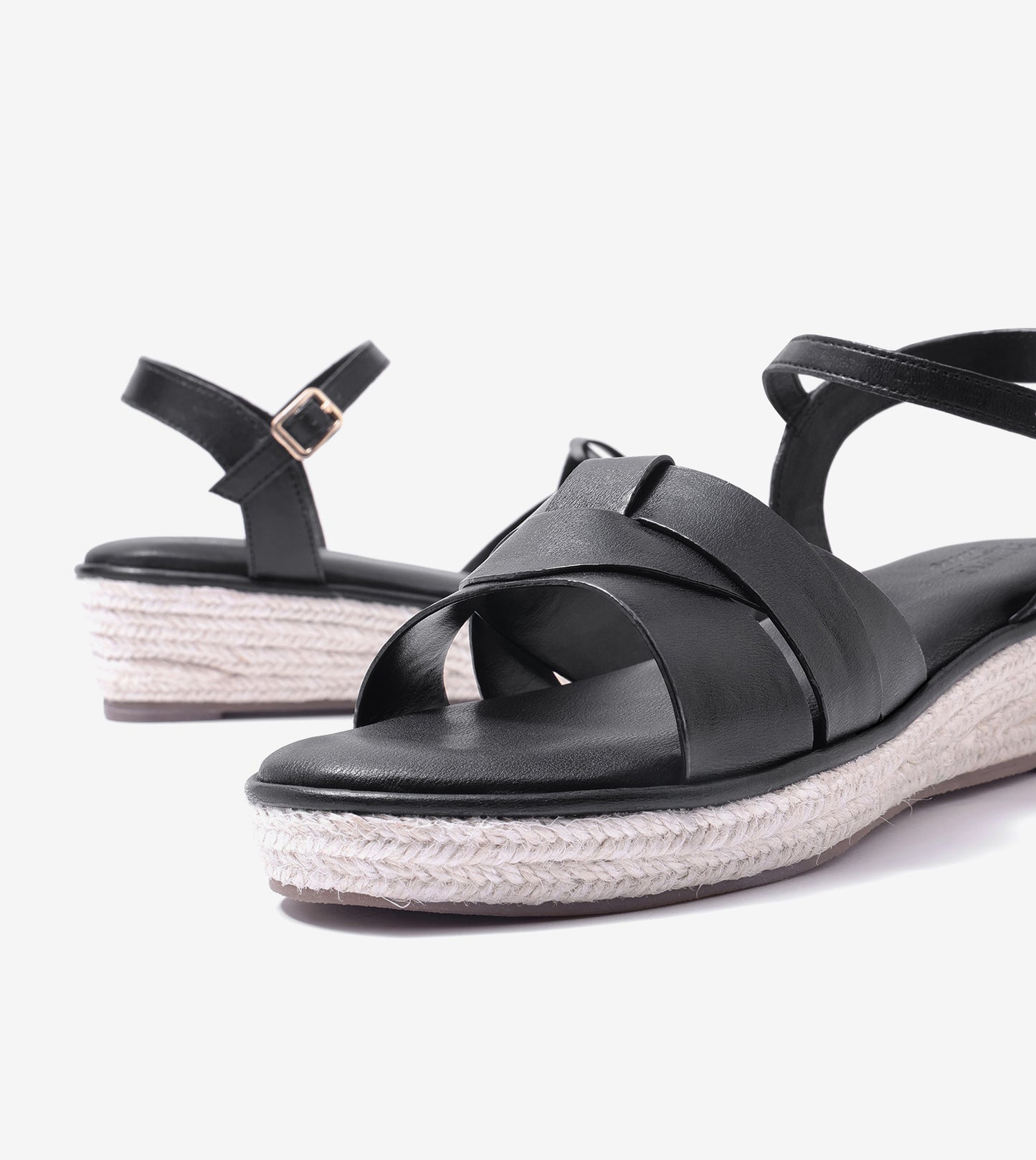 Double-Band Slide Wedges Ankle Strap - Black