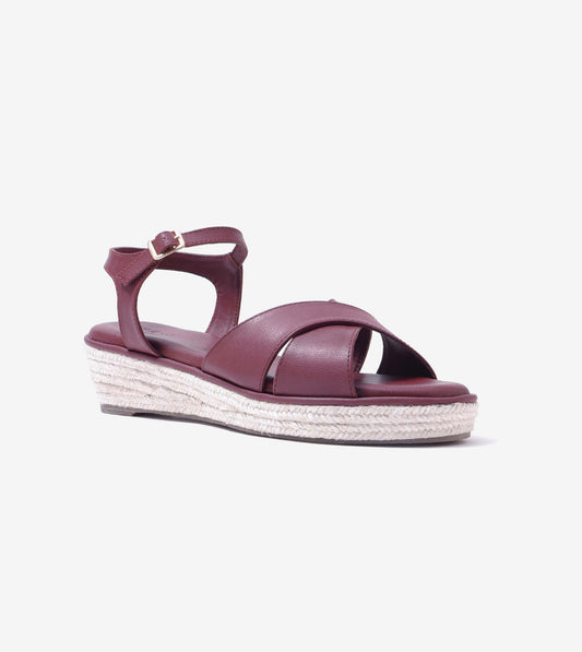 Cross-Strap Espadrille Wedges with Ankle Strap - Maroon