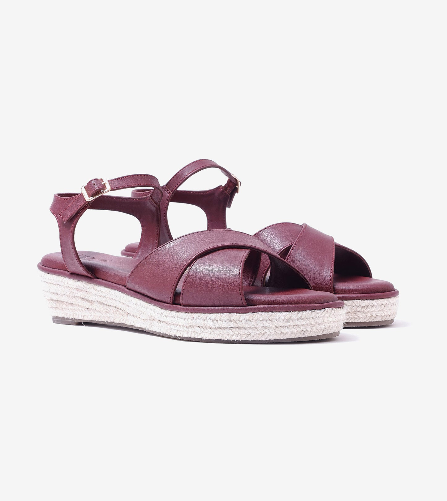 Cross-Strap Espadrille Wedges with Ankle Strap - Maroon