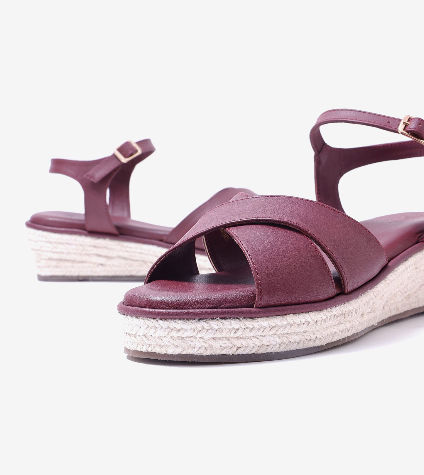 Cross-Strap Espadrille Wedges with Ankle Strap - Maroon