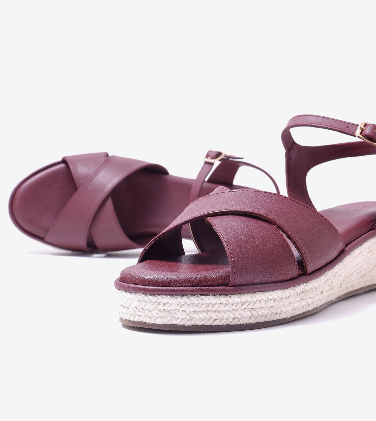 Cross-Strap Espadrille Wedges with Ankle Strap - Maroon