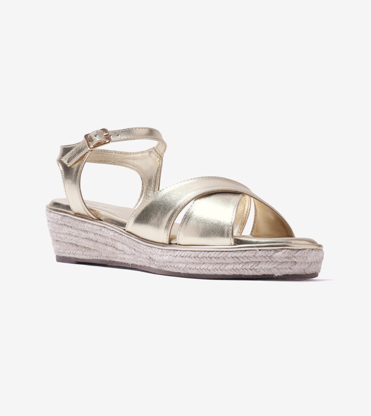 Cross-Strap Espadrille Wedges with Ankle Strap - Light Gold