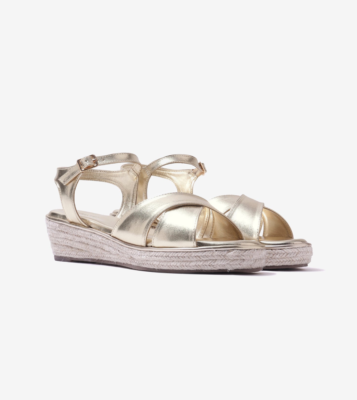 Cross-Strap Espadrille Wedges with Ankle Strap - Light Gold