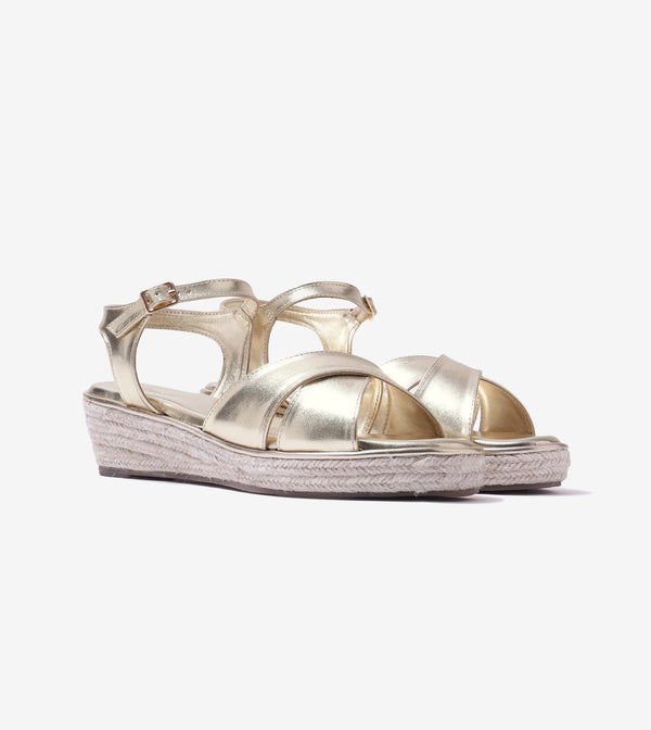 Cross-Strap Espadrille Wedges with Ankle Strap - Light Gold