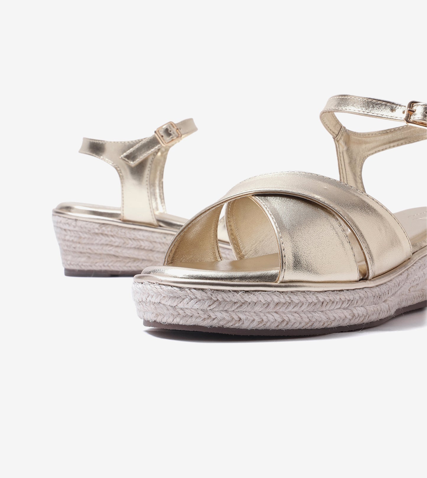 Cross-Strap Espadrille Wedges with Ankle Strap - Light Gold