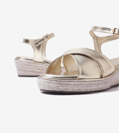 Cross-Strap Espadrille Wedges with Ankle Strap - Light Gold