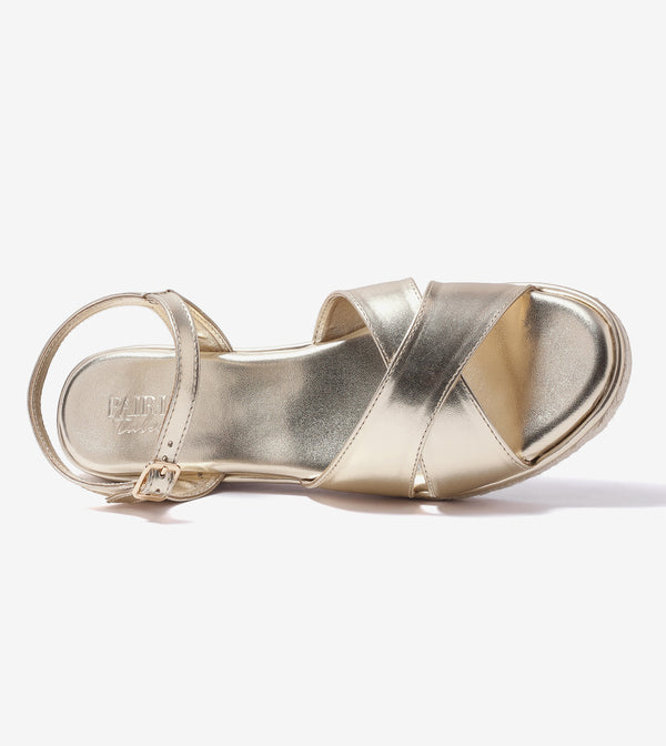 Cross-Strap Espadrille Wedges with Ankle Strap - Light Gold
