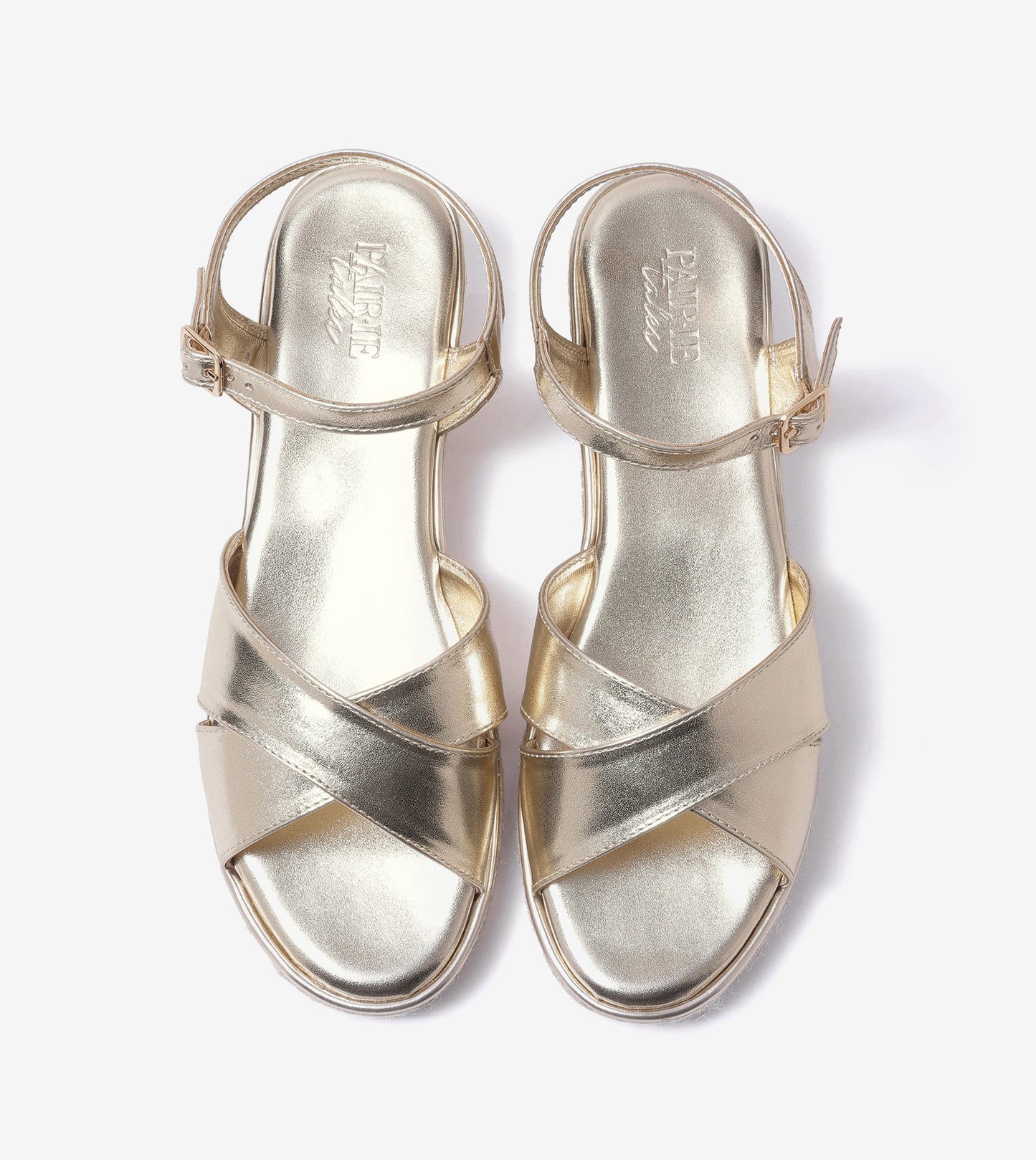 Cross-Strap Espadrille Wedges with Ankle Strap - Light Gold