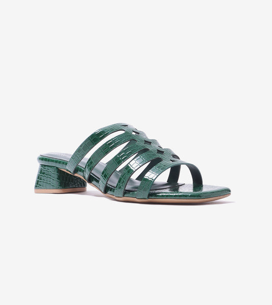 Cutout mule block heels for women in bottle green, 1.5-inch heel, front three-quarter view
