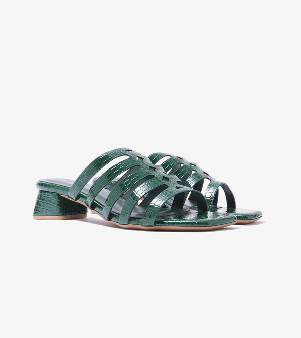 Cutout mule block heels for women in bottle green, 1.5-inch heel, pair, front three-quarter view