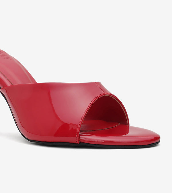 Patent Almond Toe Stiletto Mules - Red