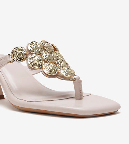 Embellished T-Strap Statement Heels - Cream