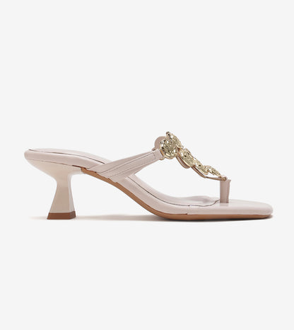Embellished T-Strap Statement Heels - Cream