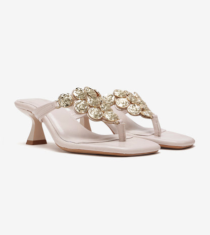 Embellished T-Strap Statement Heels - Cream