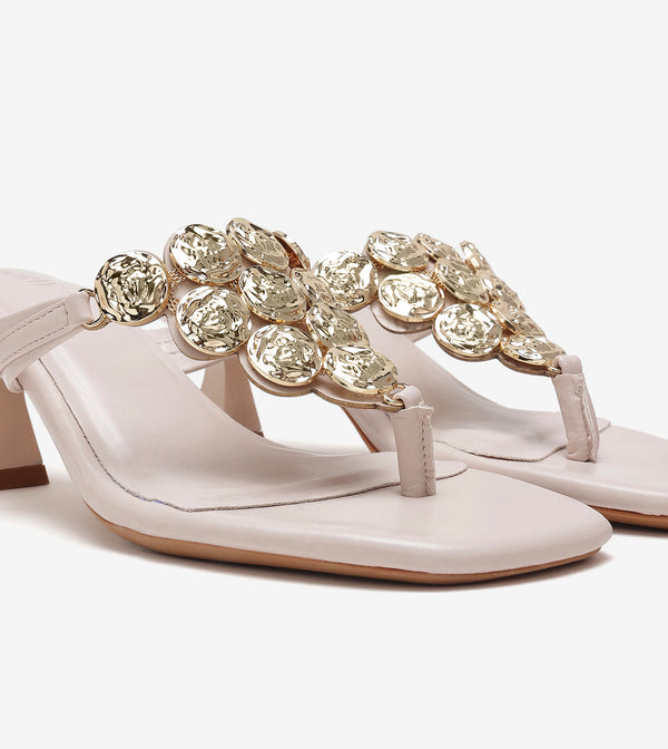 Embellished T-Strap Statement Heels - Cream