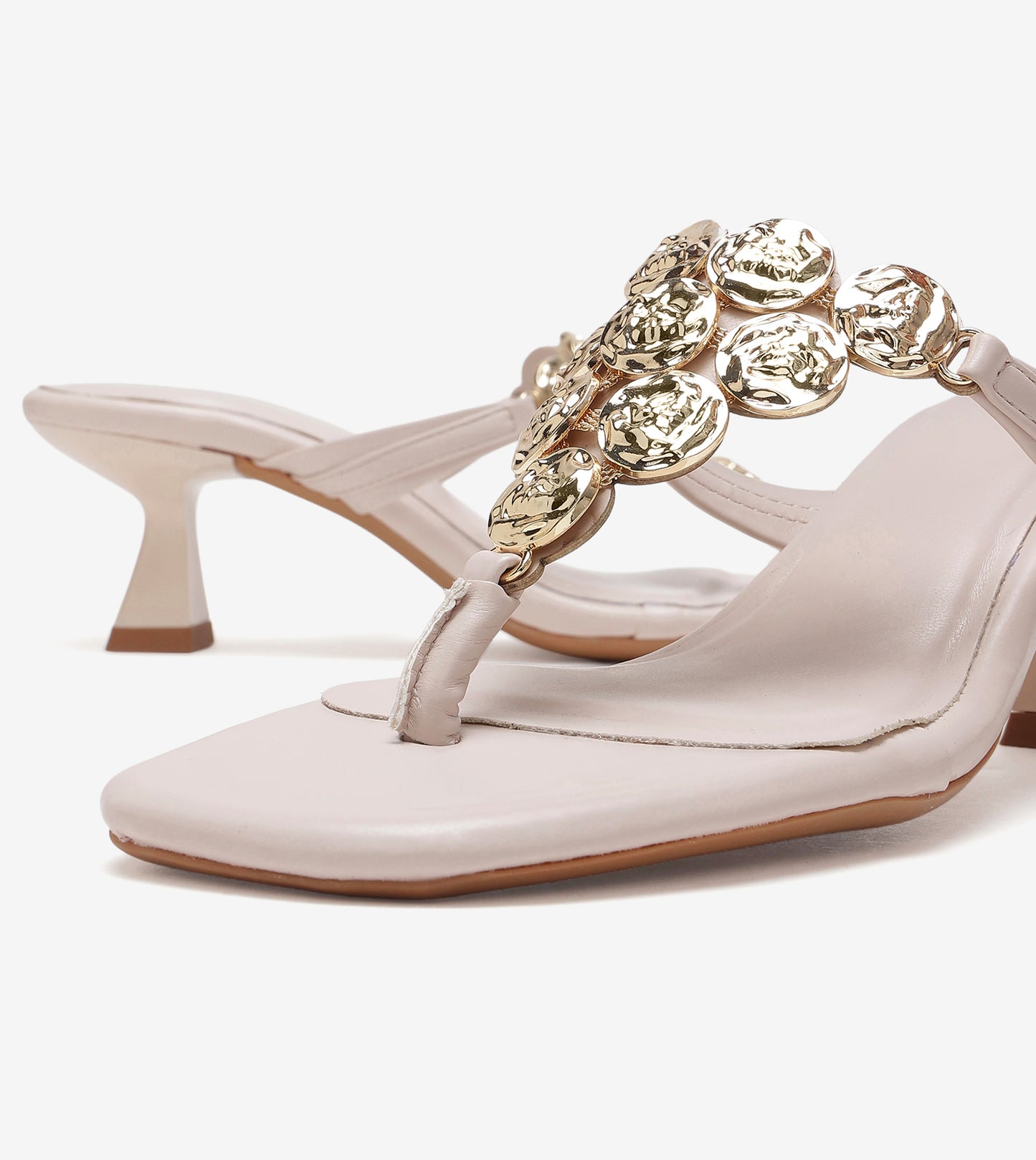 Embellished T-Strap Statement Heels - Cream