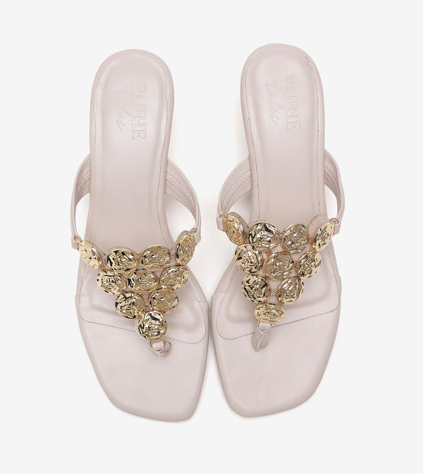Embellished T-Strap Statement Heels - Cream