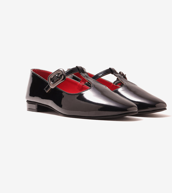 Classic Buckled Strap Mary Jane Flats - Black