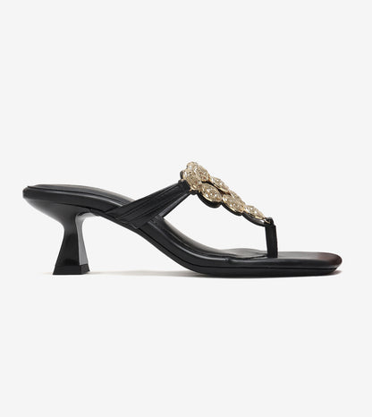 Embellished T-Strap Statement Heels - Black