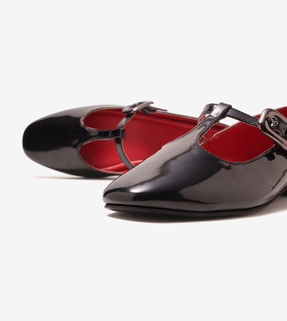 Classic Buckled Strap Mary Jane Flats - Black
