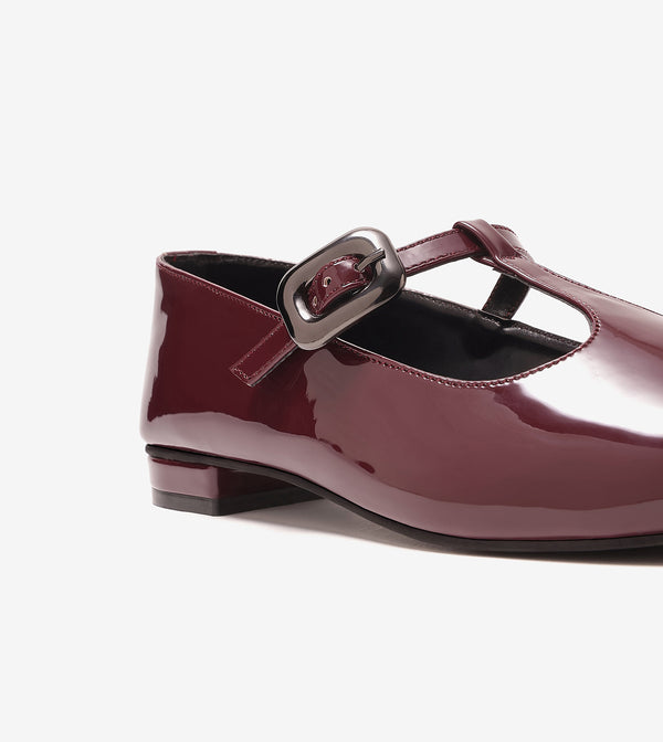 Classic Buckled Strap Mary Jane Flats - Wine
