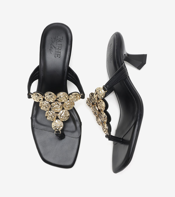 Embellished T-Strap Statement Heels - Black