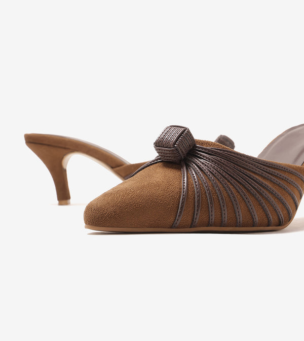Suede Knotted Stiletto Mules - Brown
