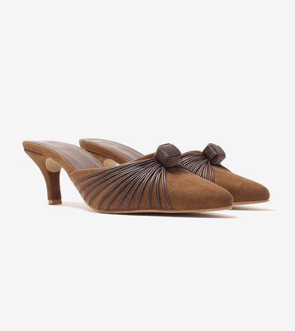 Suede Knotted Stiletto Mules - Brown