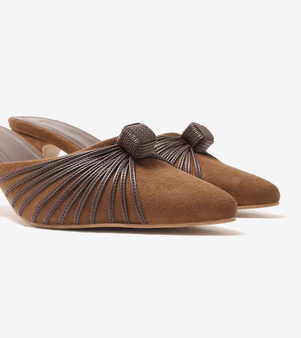 Suede Knotted Stiletto Mules - Brown