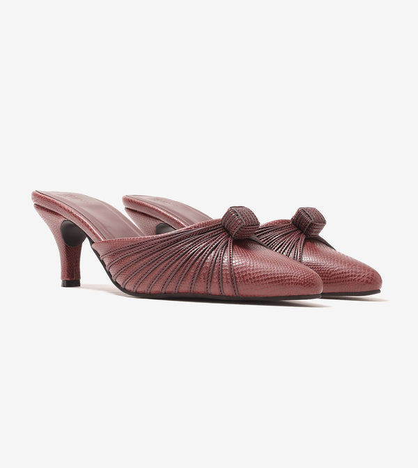 Suede Knotted Stiletto Mules - Wine