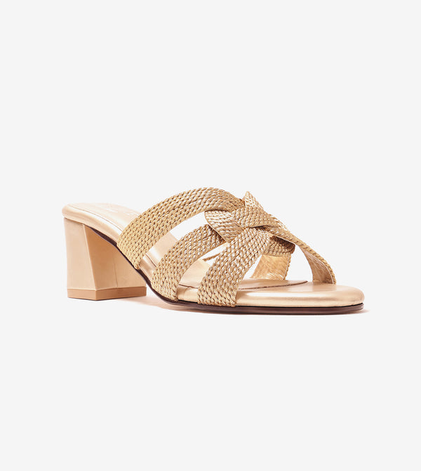 Braided Crossover Block Heels - Light Gold