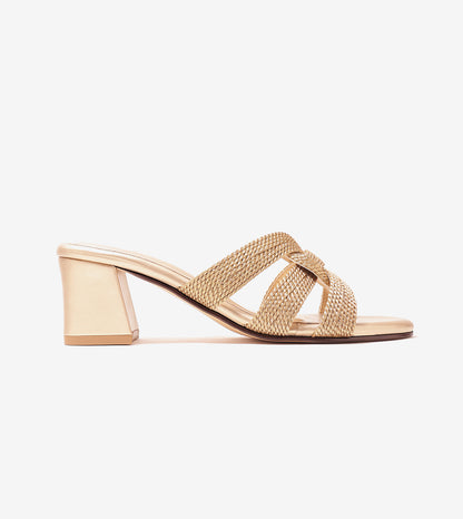 Braided Crossover Block Heels - Light Gold
