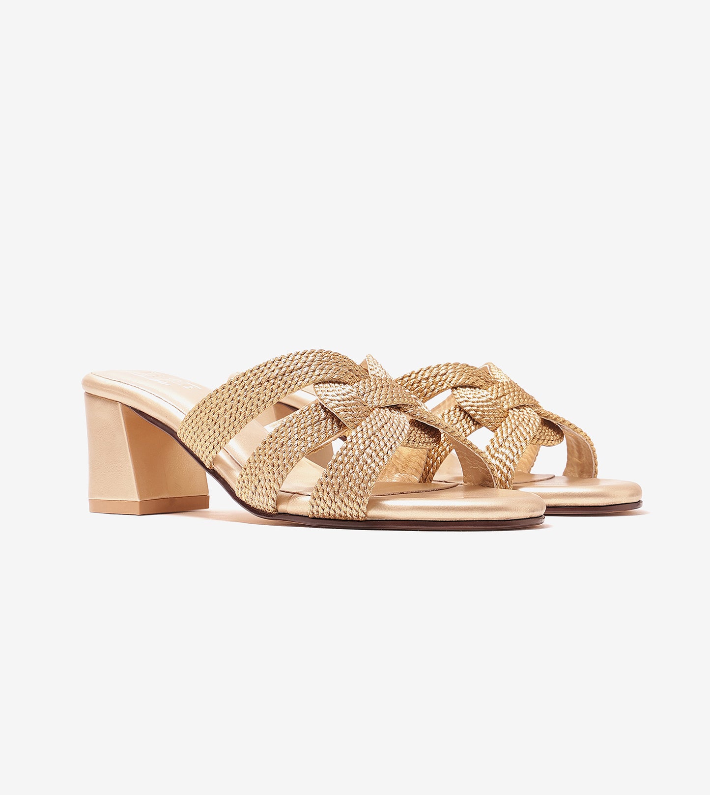 Braided Crossover Block Heels - Light Gold