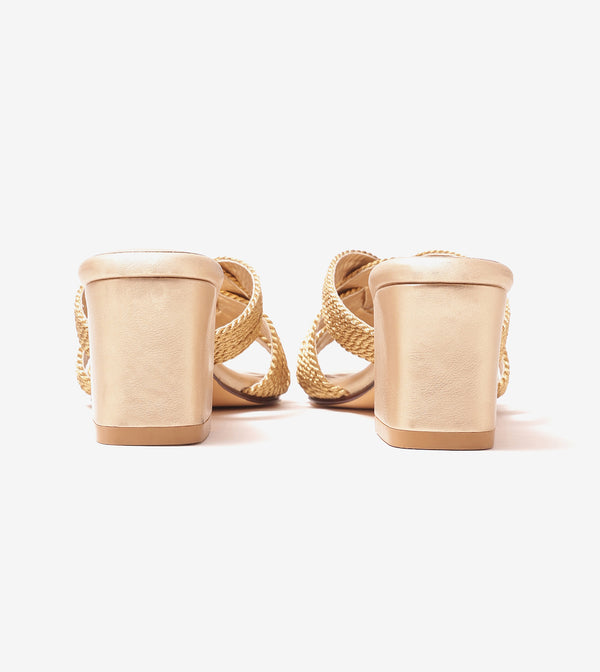 Braided Crossover Block Heels - Light Gold